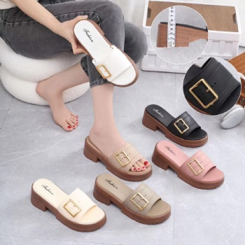 2025 new women's square buckle adjustable high-heeled slippers