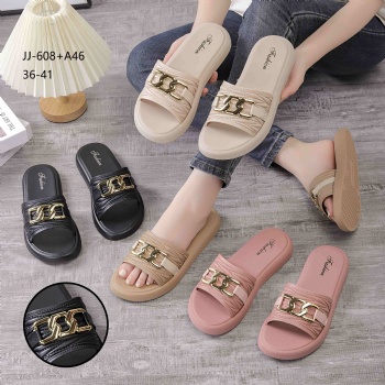 metal decoration women slippers pvc lady shoes made in china little heel women footwear