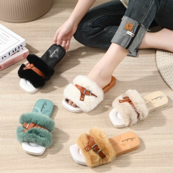 fuzzy upper design women flat slippers lady fur square toes shoes luxury fashion girls sliders double color lady slippers