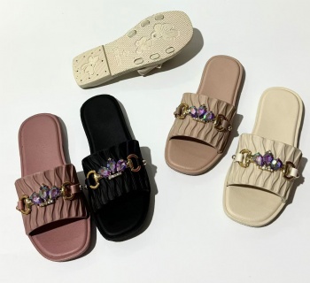 chain buckle design lady slippers women fashion flat shoes open toe footwear made in china